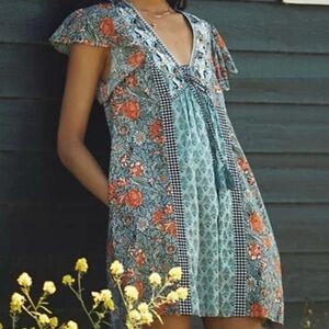 Anthropologie BOHO V Neck V Neck Patterned Mini Dress XS Flutter Sleeve